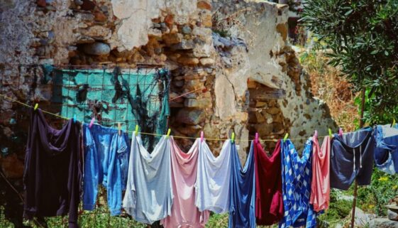 Laundry on line outside a crumbling old structure